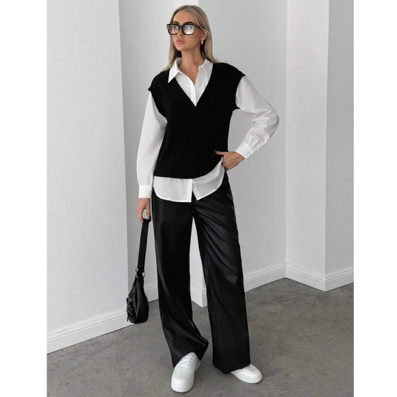 2 in 1 Black Knit Vest On White Button Up Shirt - Picture 6 of 12